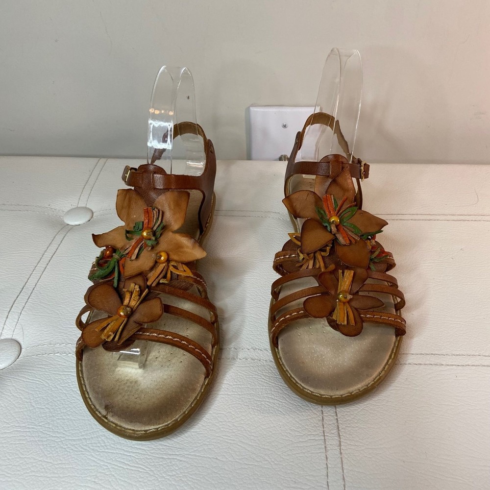 Vera Pelle Brown Leather Floral Gladiator Sandals Sz 38
